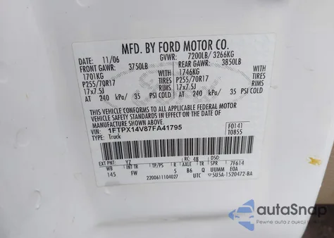 2007 Ford F-150 Fx4/Lariat/Xl/Xlt z USA, uszkodzony, nr VIN 1FTPX14V87FA41795